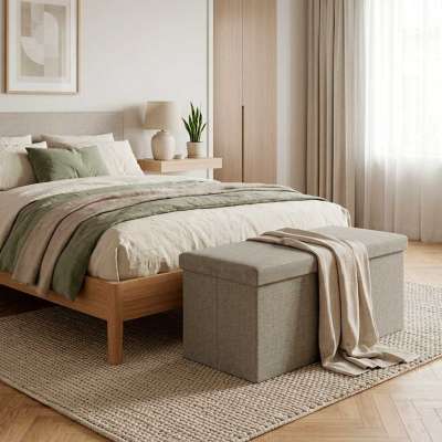 Folding pouffe with storage open to seat footrest gray large 76x38x38cm