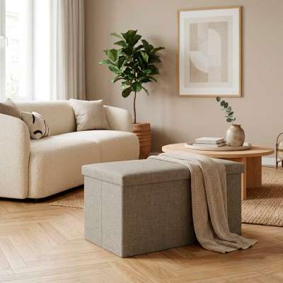 Folding pouffe with storage open to seat footrest gray large 76x38x38cm