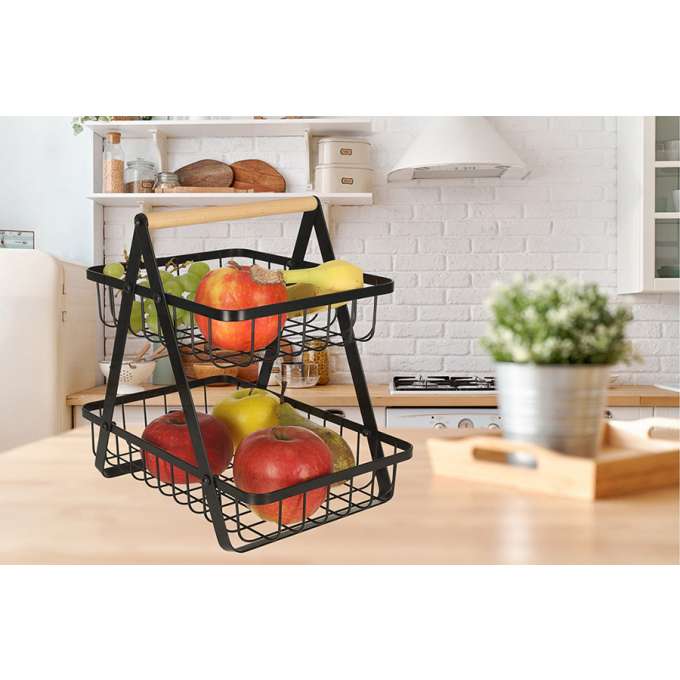 Fruit basket two-tier piled metal wood