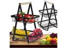 Fruit basket two-tier piled metal wood 1
