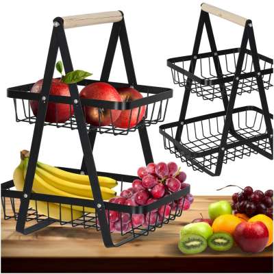 Fruit basket two-tier piled metal wood
