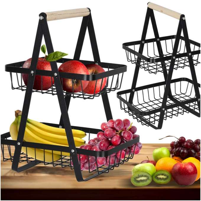 Fruit basket two-tier piled metal wood