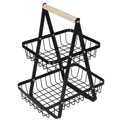 Fruit basket two-tier piled metal wood