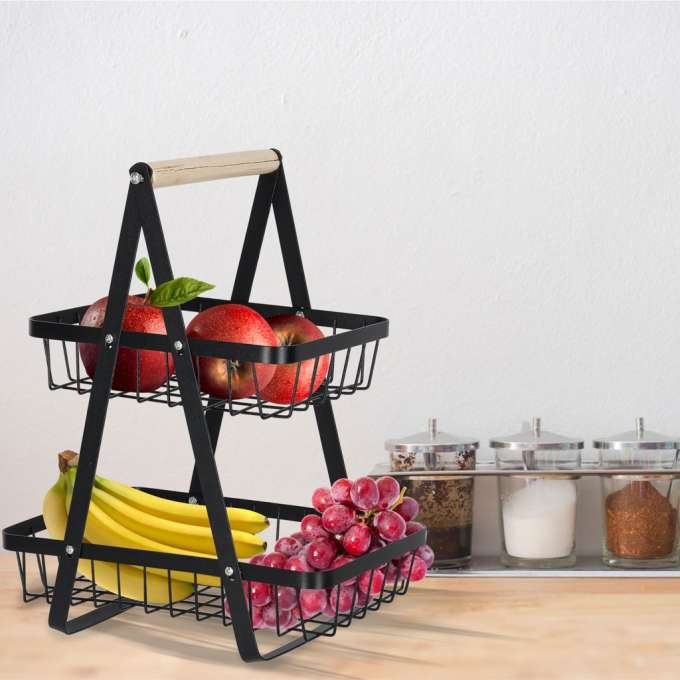 Fruit basket two-tier piled metal wood
