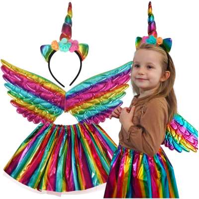 Unicorn costume skirt headband wings multicolor rainbow