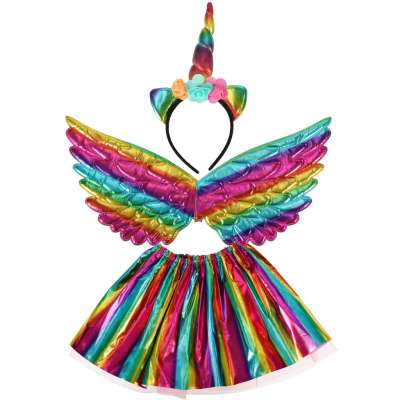 Unicorn costume skirt headband wings multicolor rainbow
