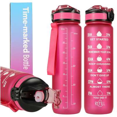 Water bottle bidon with straw handle motivational measure for the gym BPA free Tritan 1l pink