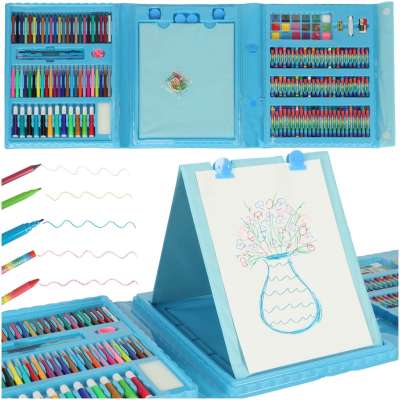 Paint art set in a suitcase 208 items crayons pastels markers markers pens paints ruler blue