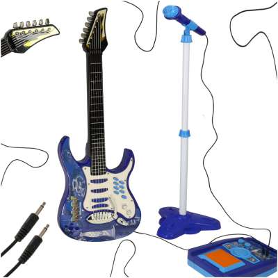 Electric rock guitar with microphone speaker for children blue