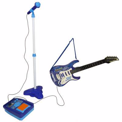 Electric rock guitar with microphone speaker for children blue