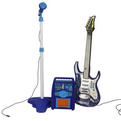 Electric rock guitar with microphone speaker for children blue