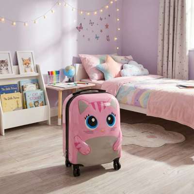Children's travel suitcase on wheels hand luggage pink cat