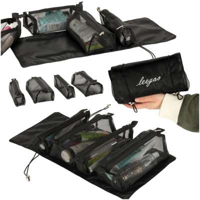Folding travel cosmetic bag removable retractable 4-in-1 large capacity portable black