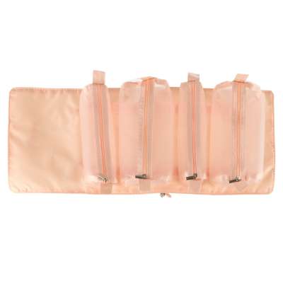 Folding travel cosmetic bag removable roll up 4in1 large capacity portable pink
