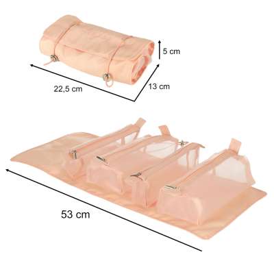 Folding travel cosmetic bag removable roll up 4in1 large capacity portable pink