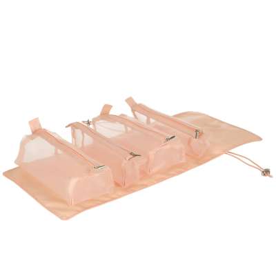 Folding travel cosmetic bag removable roll up 4in1 large capacity portable pink