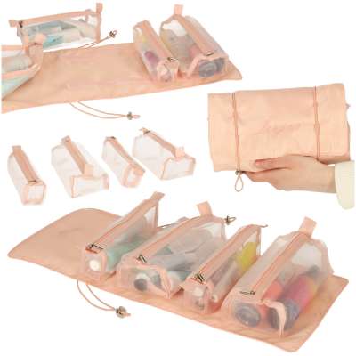 Folding travel cosmetic bag removable roll up 4in1 large capacity portable pink