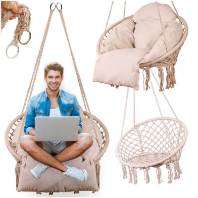Hanging chair swing seat with cushion XXL ecru 150kg