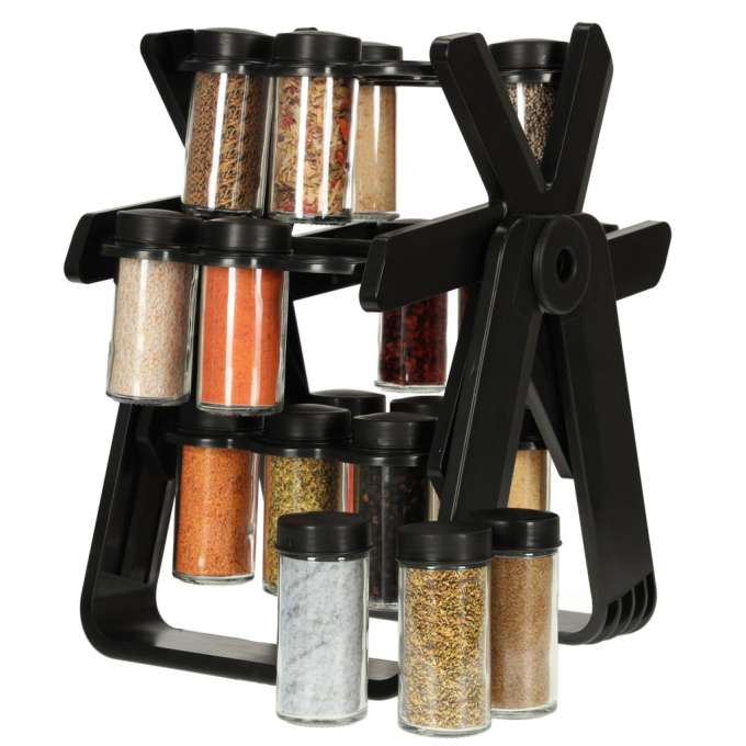 Spice organizer rack rotating containers