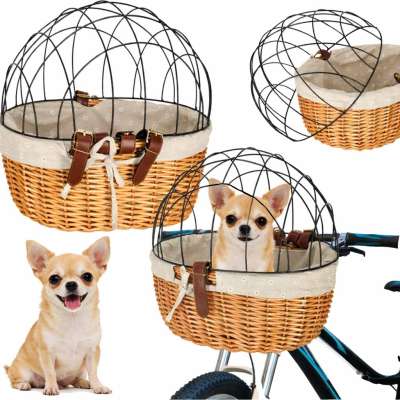 Wicker basket for bike with metal grid cat dog carrier