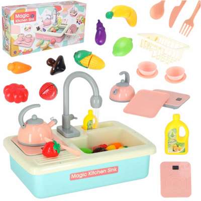 Children's dishwashing sink with accessories flies water blue