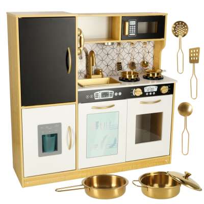 Children's wooden kitchen with fridge gold
