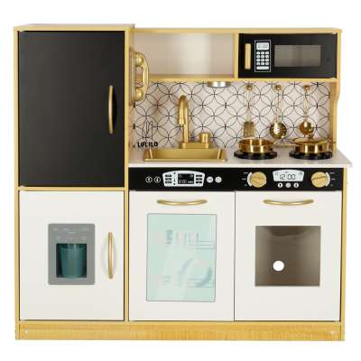 Children's wooden kitchen with fridge gold