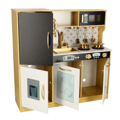 Children's wooden kitchen with fridge gold