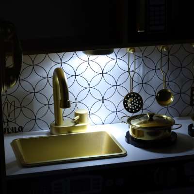 Children's wooden kitchen with fridge gold