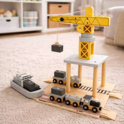 Crane seaport + train ship wooden
