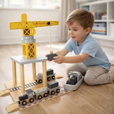 Crane seaport + train ship wooden