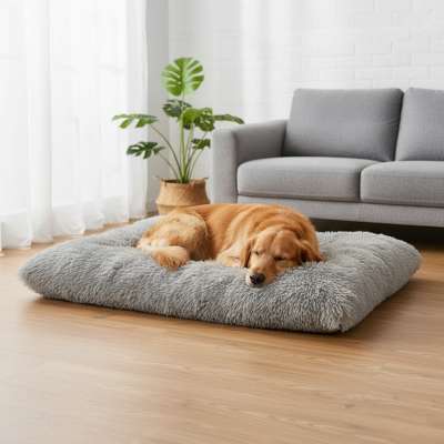 Dog bed for cats plush bedding hairy shaggy cushion 115cm grey