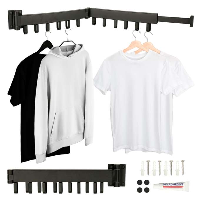 Laundry drying rack wall mounted folding telescopic black 12 hooks 90cm