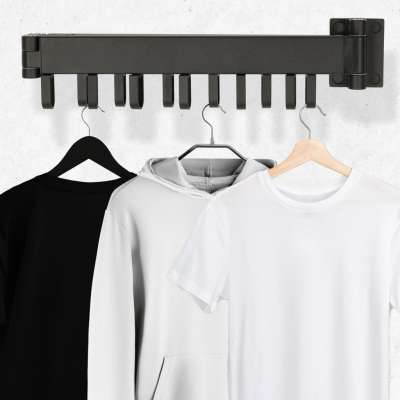 Laundry drying rack wall mounted folding telescopic black 18 hooks 123cm