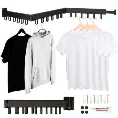 Laundry drying rack wall mounted folding telescopic black 18 hooks 123cm