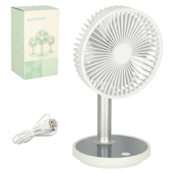 Mobile desk fan wireless USB with rechargeable battery adjustable 4 power levels LED 38cm white