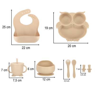 Silicone dishes for children owl beige 9 elements