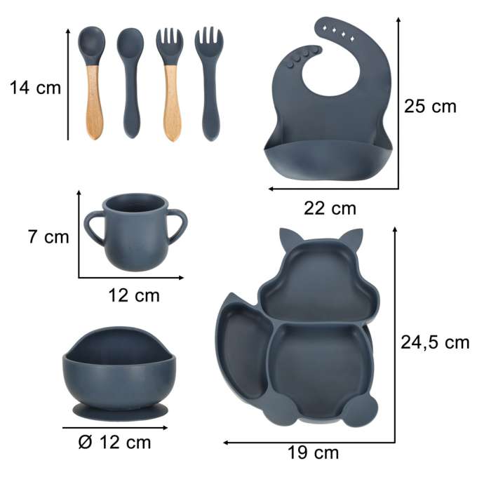 Silicone dishes for children squirrel 9 elements dark blue