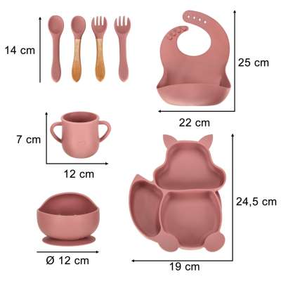 Silicone dishes for children squirrel 9 elements dark pink