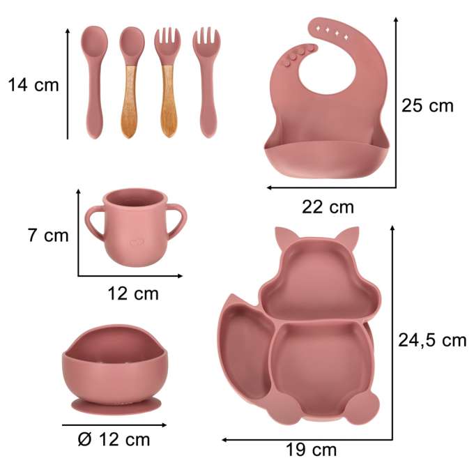 Silicone dishes for children squirrel 9 elements dark pink