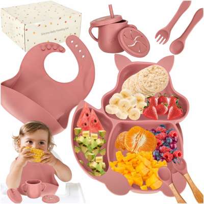 Silicone dishes for children squirrel 9 elements dark pink