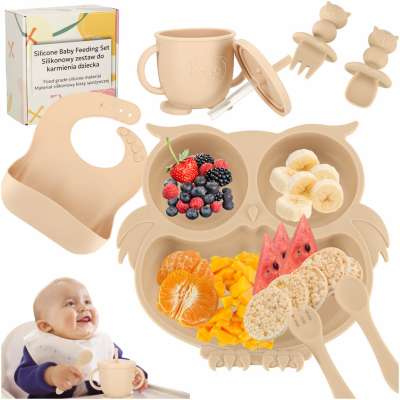 Silicone dishes for kids owl set of 8 elements beige