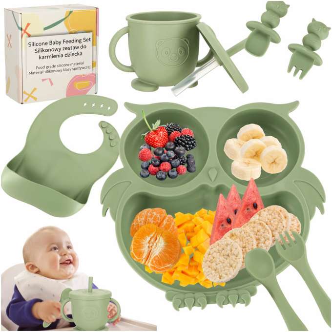 Silicone dishes for kids owl set of 8 elements green