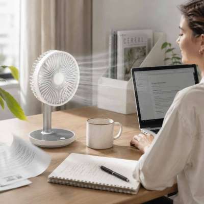Wentylator biurkowy wiatrak przenośny bezprzewodowy USB z akumulatorem regulowany 4 poziomy mocy LED 38cm biały