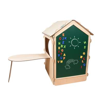 Wooden house for children with a board and table