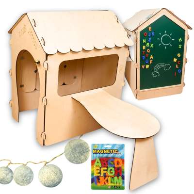 Wooden house for children with board and table