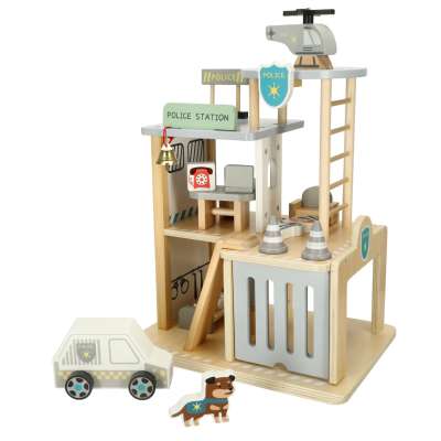 Wooden police station + helicopter police car