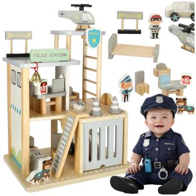 Wooden police station + helicopter police car