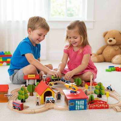 Wooden train locomotive railroad city 69 elements