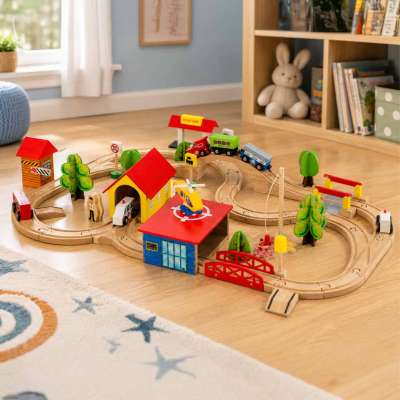 Wooden train locomotive railroad city 69 elements